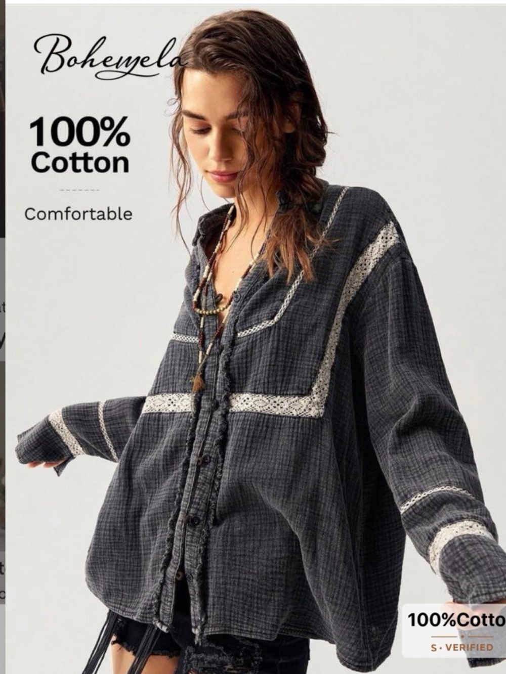 Woven Lace-Trim Button-Front Jacket Top — Black - Picture 12 of 12